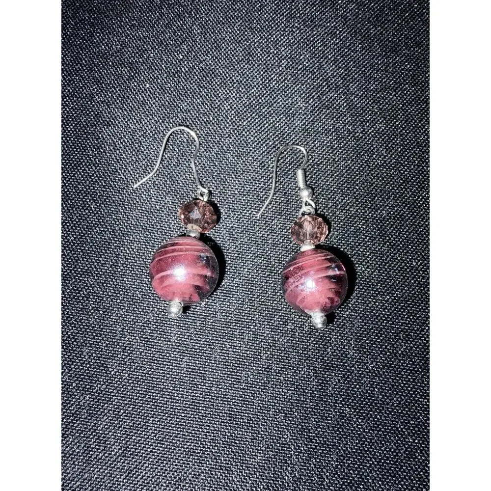 Vintage Pink Stone Purple Bead Fashion Earrings, Dangle Earrings Handmade